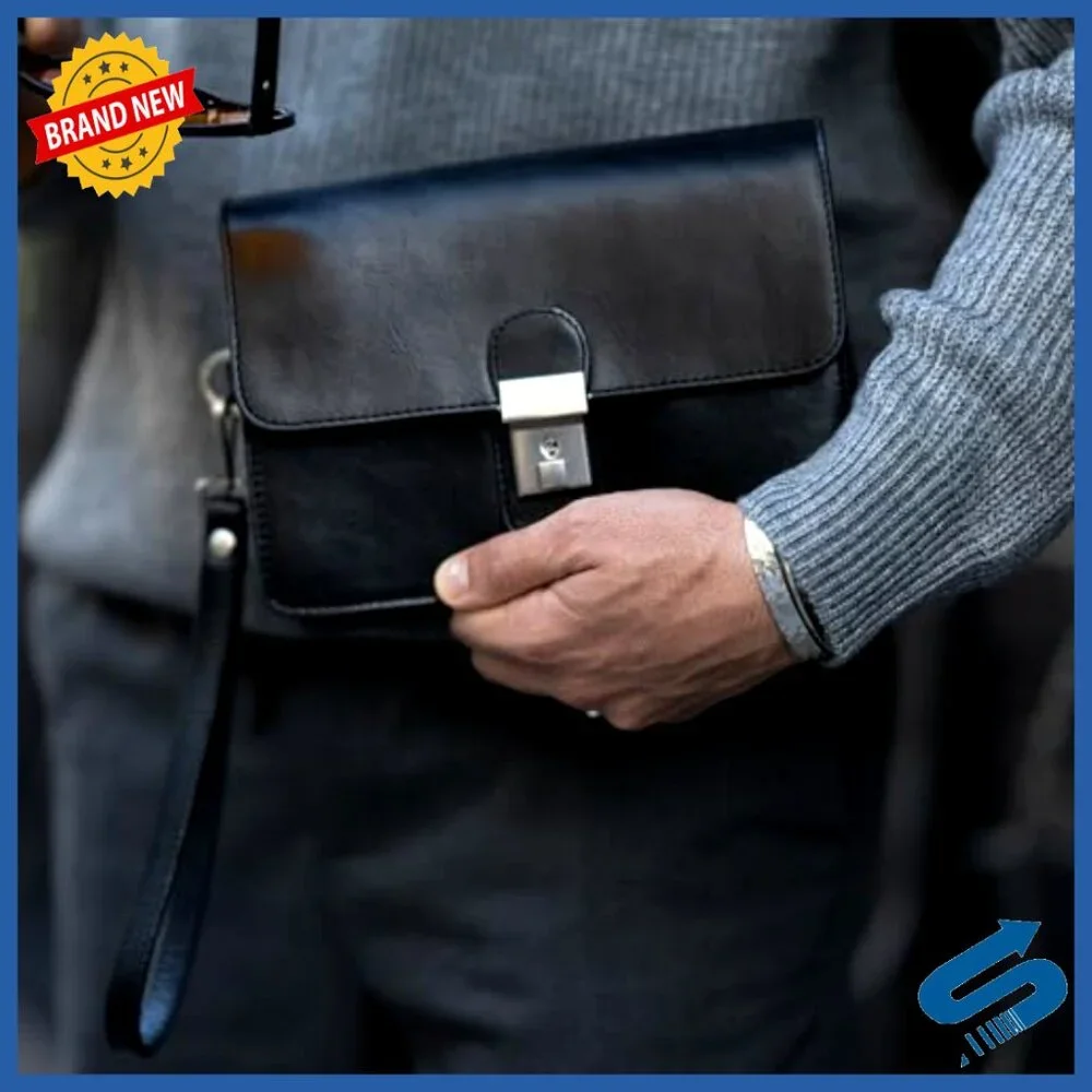 Italian Leather Briefcase Clutch with Wrist Strap, Multi-Pocket Organizer